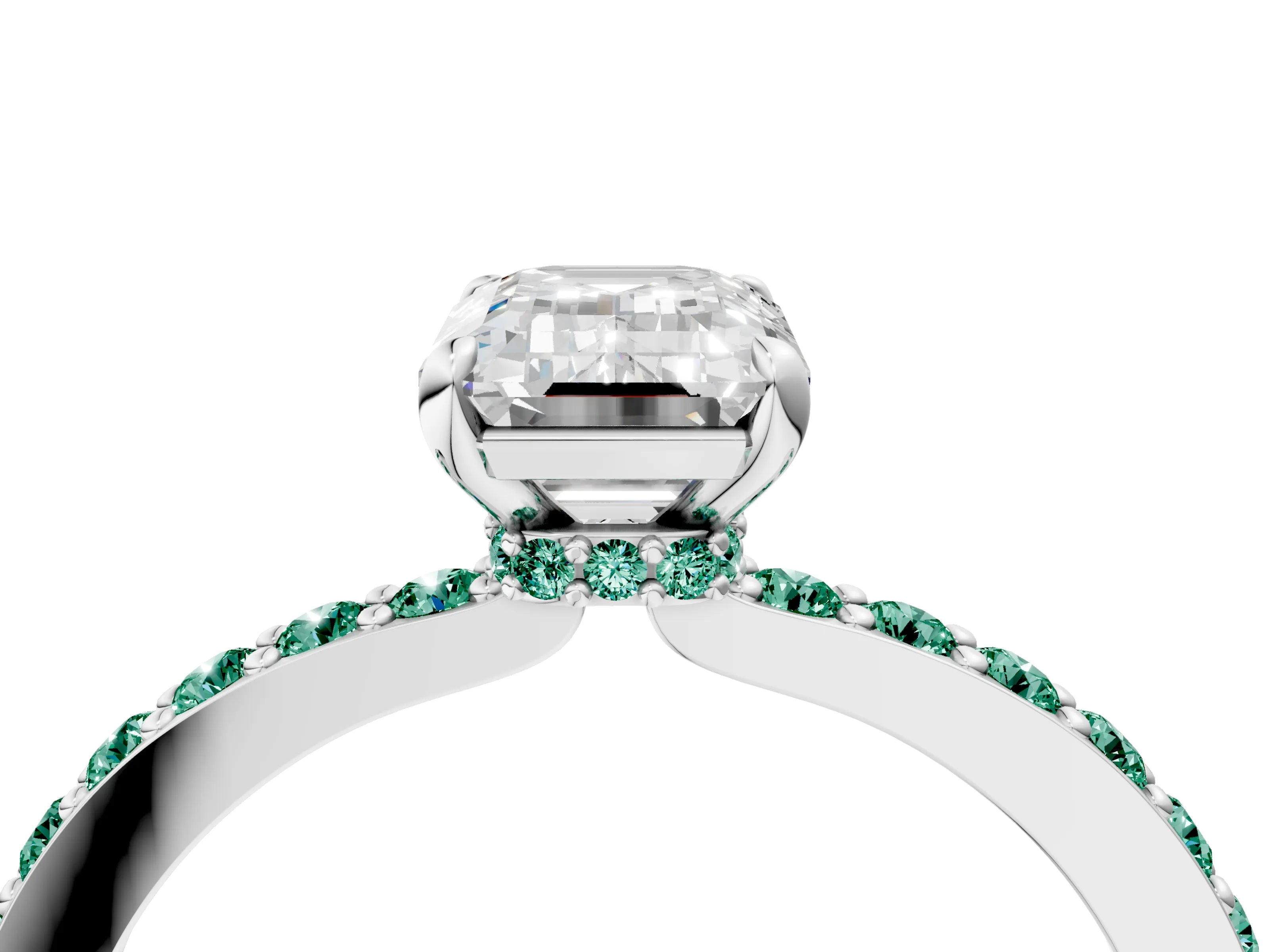White gold Emerald Cut Diamond Pavé Engagement Ring with Round with Green Sapphire side stone Accents and Prong Setting_16
