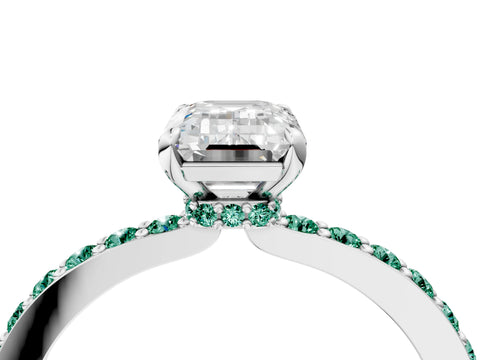 White gold Emerald Cut Diamond Pavé Engagement Ring with Round with Green Sapphire side stone Accents and Prong Setting_16