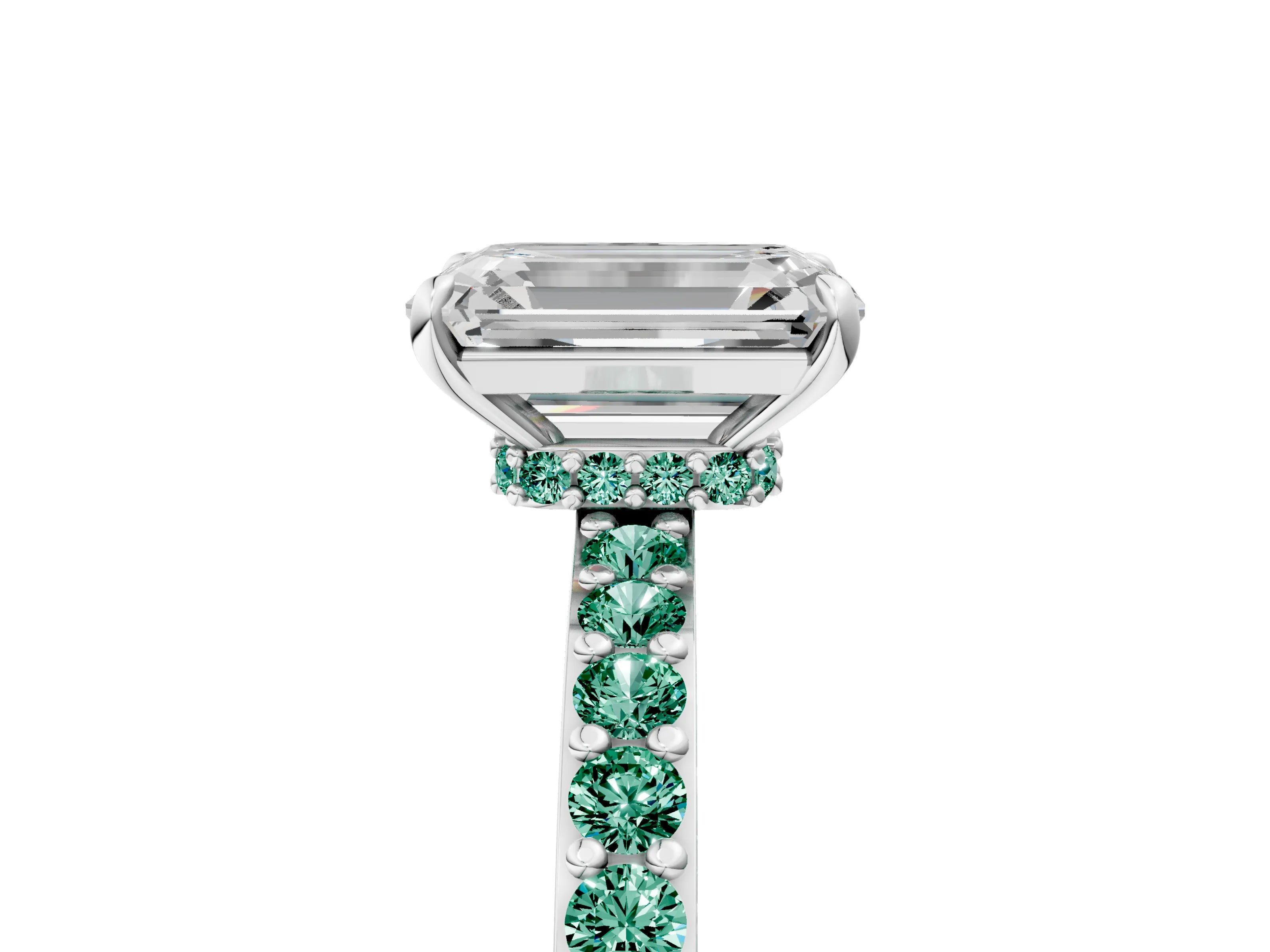 White gold Emerald Cut Diamond Pavé Engagement Ring with Round with Green Sapphire side stone Accents and Prong Setting_17