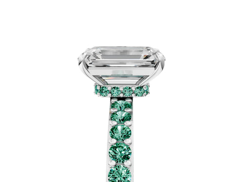 White gold Emerald Cut Diamond Pavé Engagement Ring with Round with Green Sapphire side stone Accents and Prong Setting_17