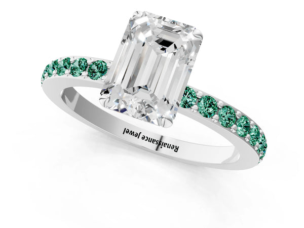 Silver Emerald Cut Diamond Pavé Engagement Ring with Round with Green Sapphire side stone Accents and Prong Setting