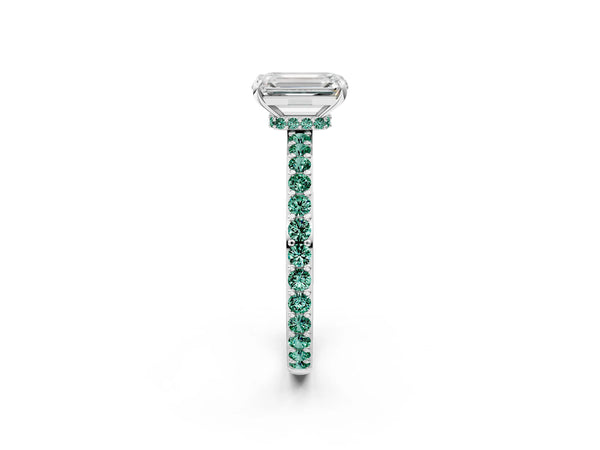Silver Emerald Cut Diamond Pavé Engagement Ring with Round with Green Sapphire side stone Accents and Prong Setting