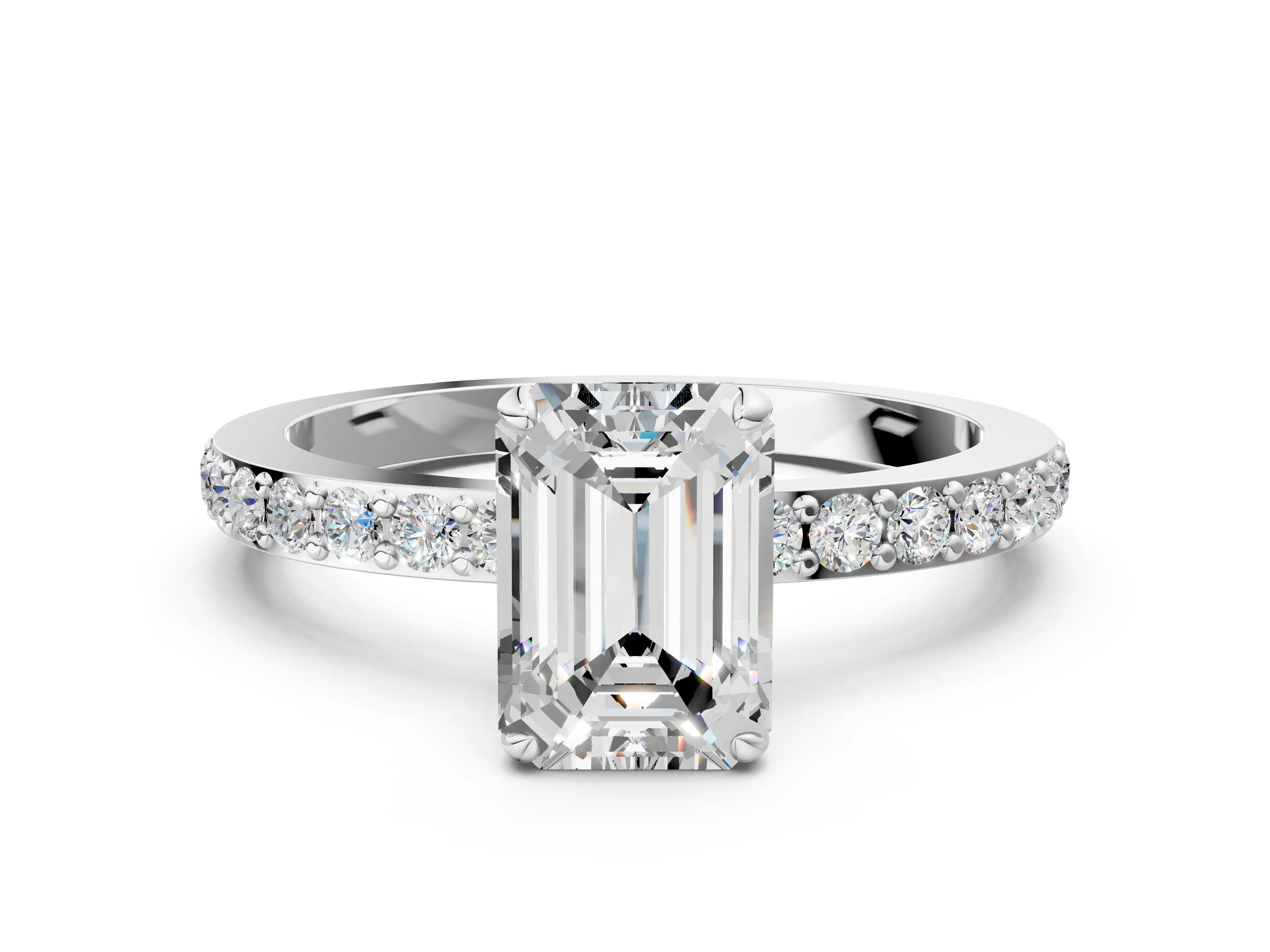 White gold Emerald Cut Diamond Pavé Engagement Ring with Round with Moissanite side stone Accents and Prong Setting_12