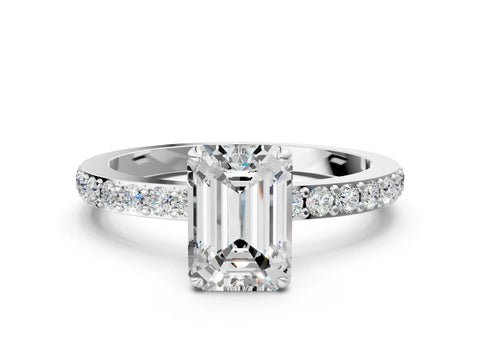White gold Emerald Cut Diamond Pavé Engagement Ring with Round with Moissanite side stone Accents and Prong Setting_12