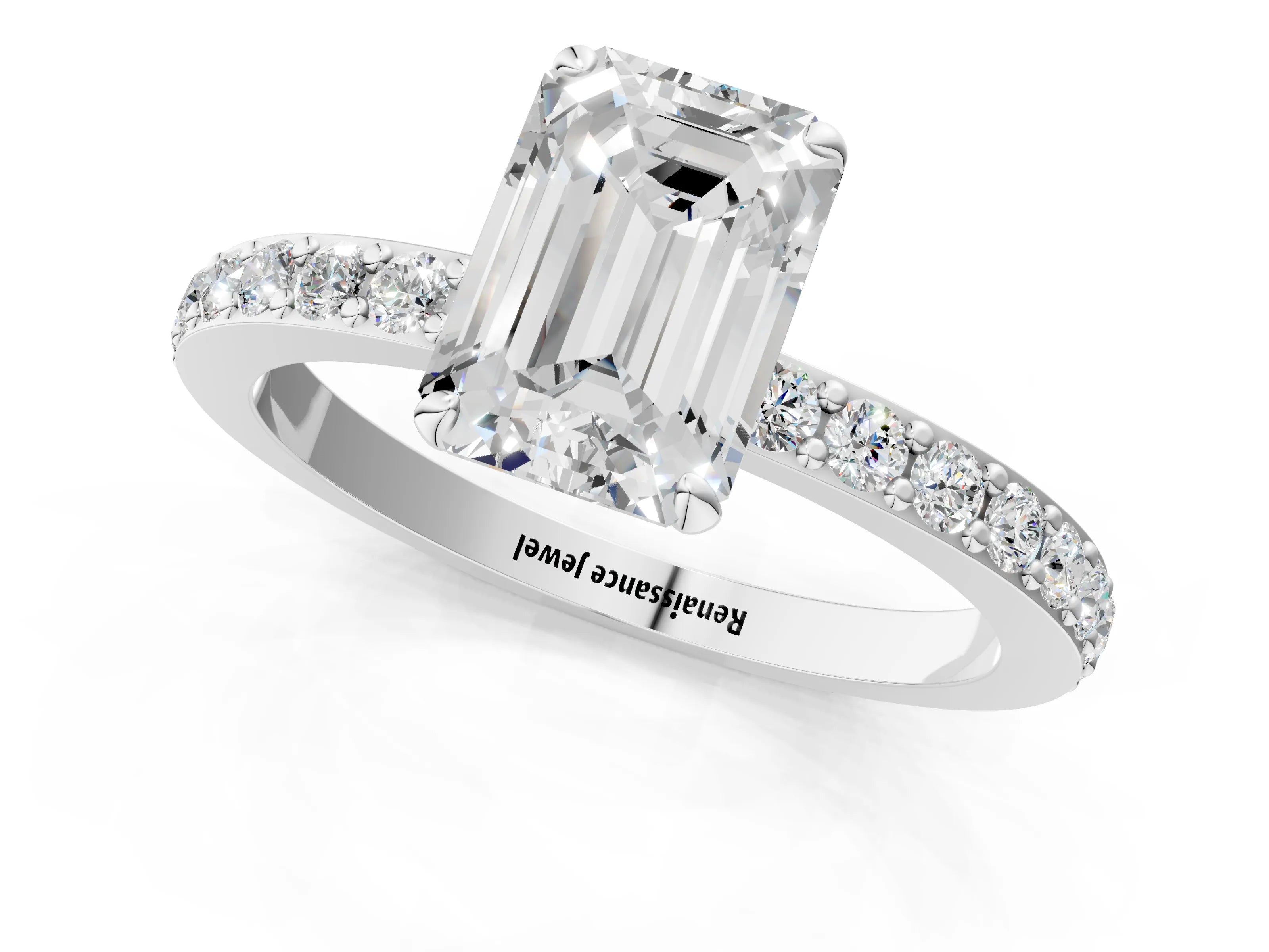 White gold Emerald Cut Diamond Pavé Engagement Ring with Round with Moissanite side stone Accents and Prong Setting_13