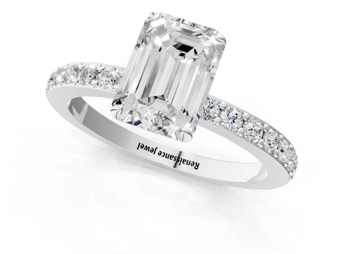 White gold Emerald Cut Diamond Pavé Engagement Ring with Round with Moissanite side stone Accents and Prong Setting_13