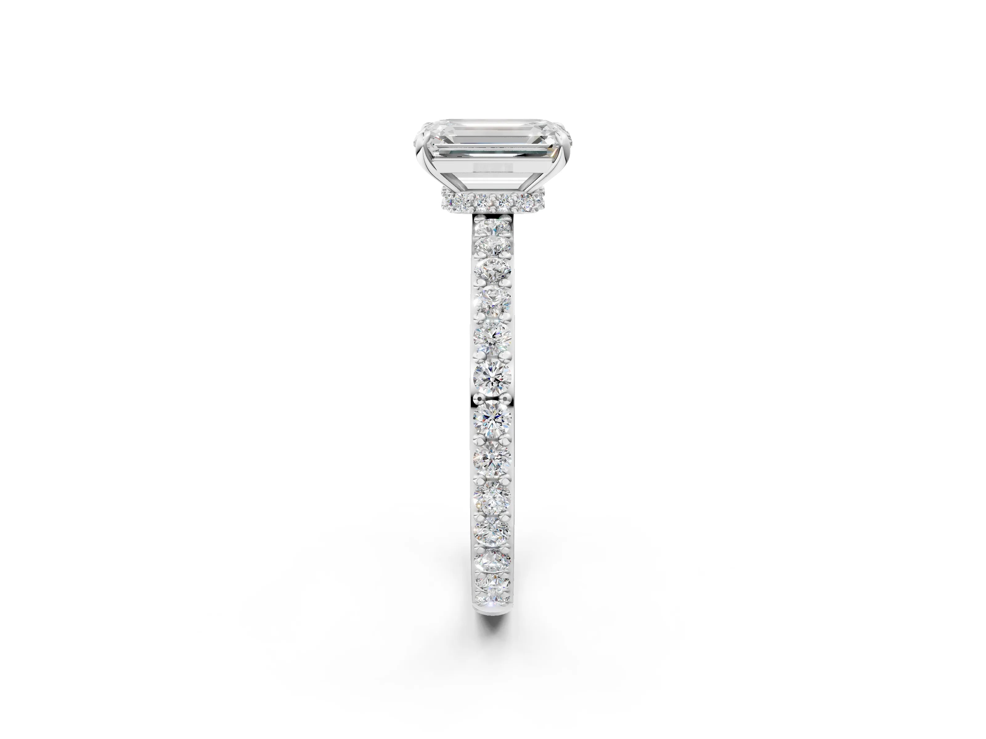 White gold Emerald Cut Diamond Pavé Engagement Ring with Round with Moissanite side stone Accents and Prong Setting_14