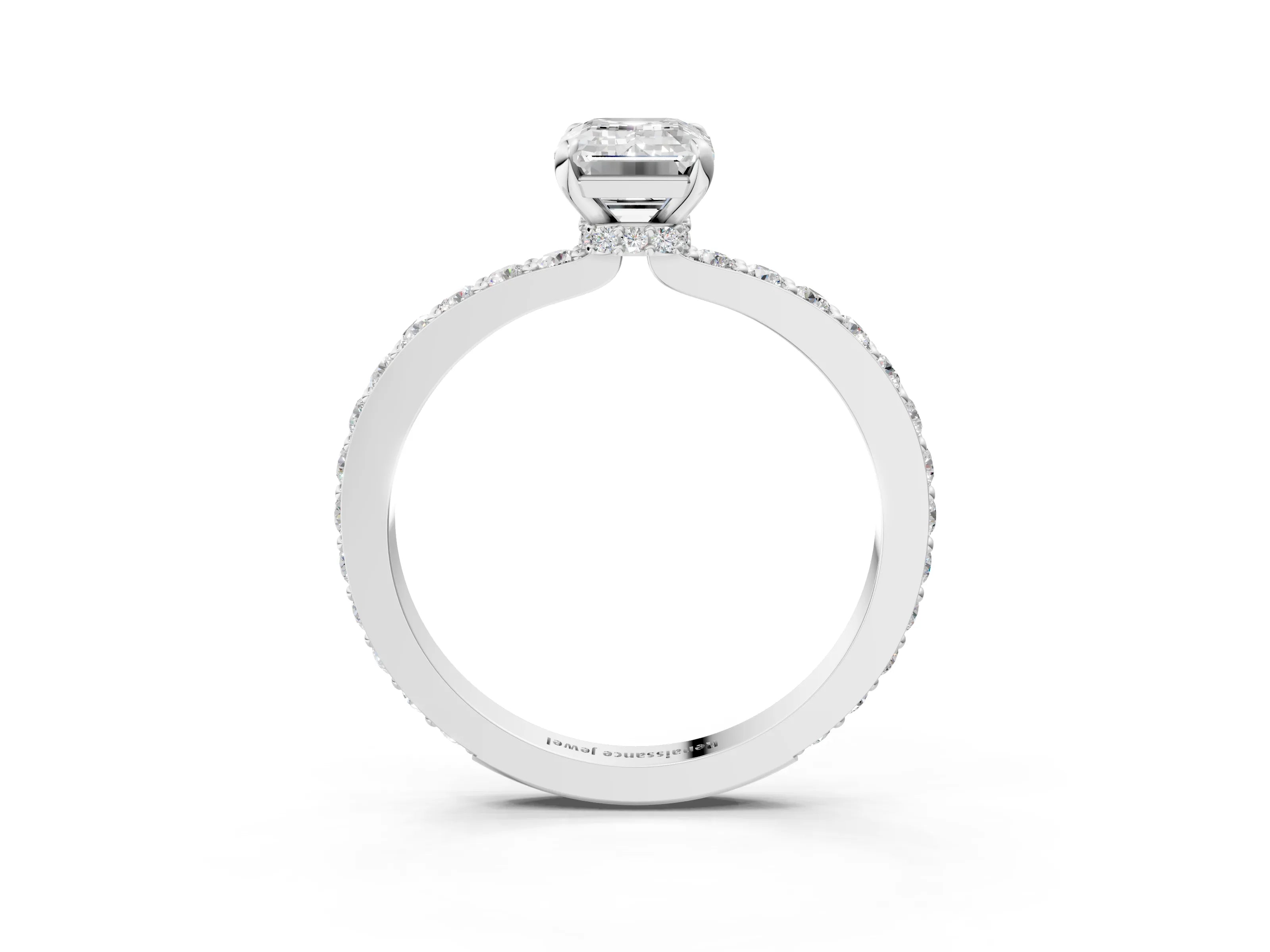 White gold Emerald Cut Diamond Pavé Engagement Ring with Round with Moissanite side stone Accents and Prong Setting_15