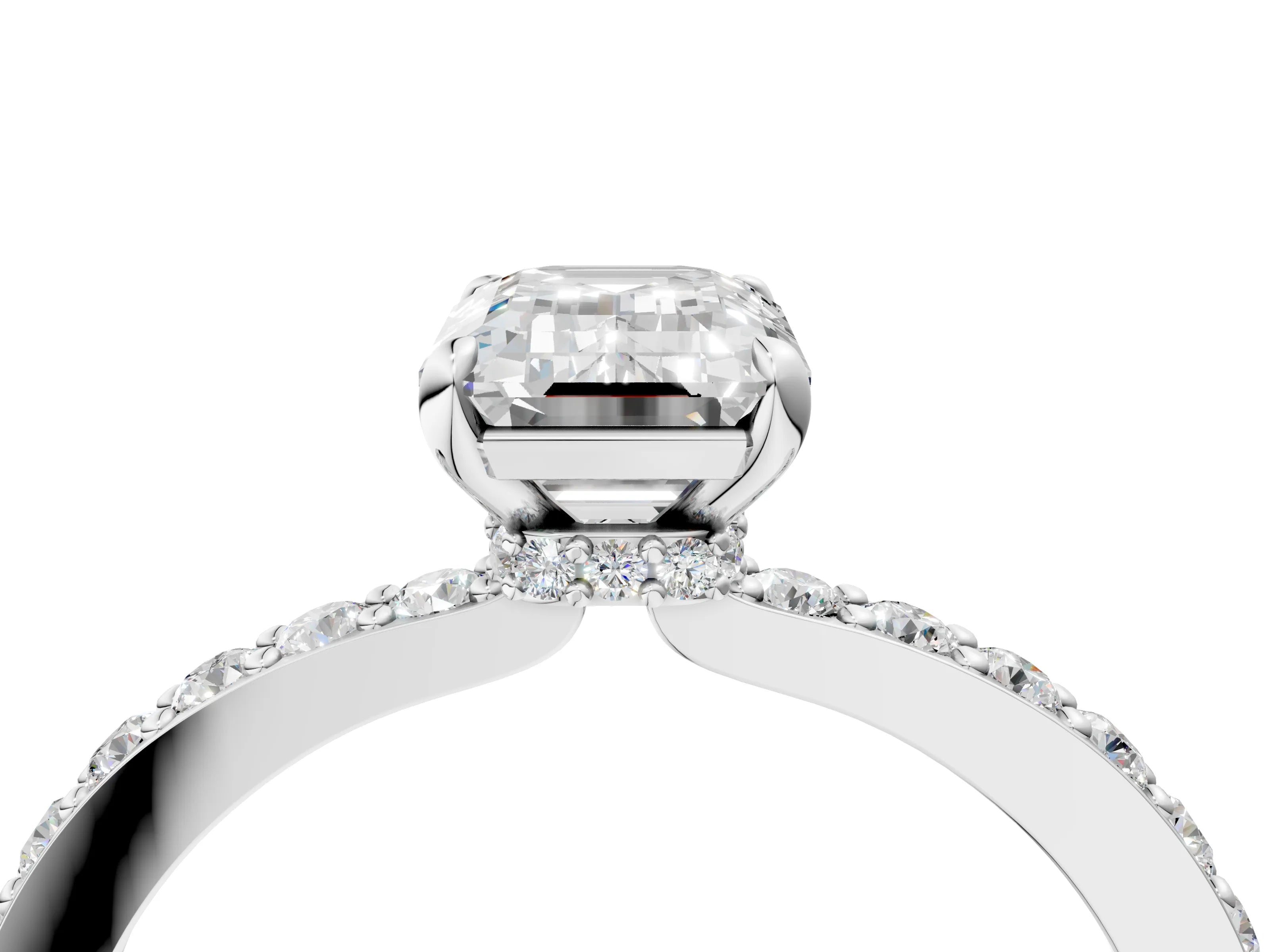 White gold Emerald Cut Diamond Pavé Engagement Ring with Round with Moissanite side stone Accents and Prong Setting_16