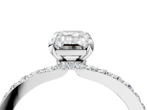 White gold Emerald Cut Diamond Pavé Engagement Ring with Round with Moissanite side stone Accents and Prong Setting_16