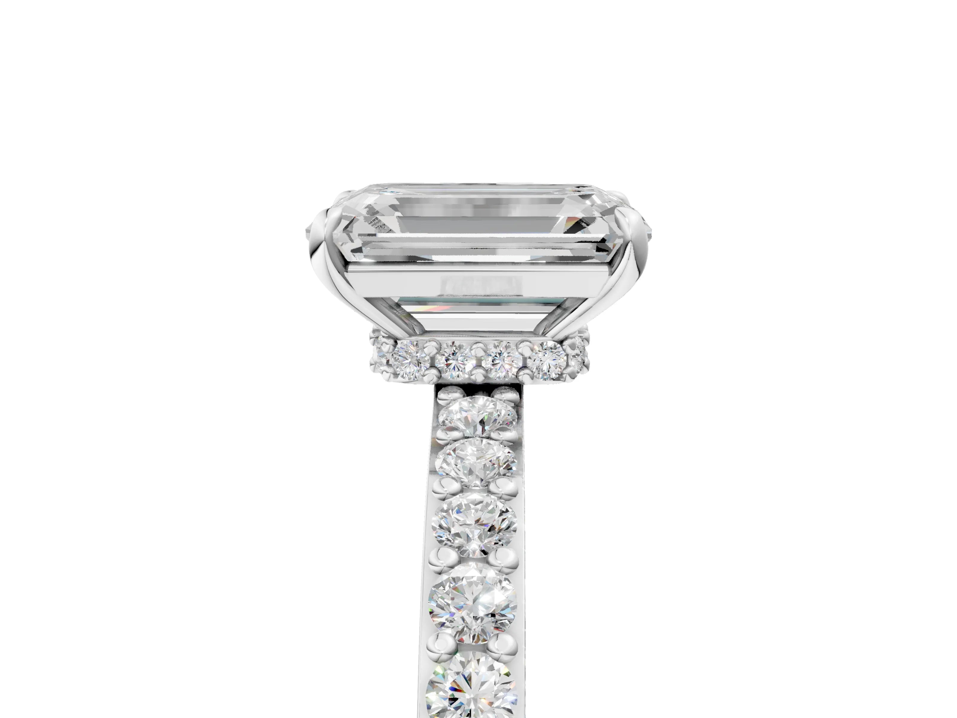 White gold Emerald Cut Diamond Pavé Engagement Ring with Round with Moissanite side stone Accents and Prong Setting_17