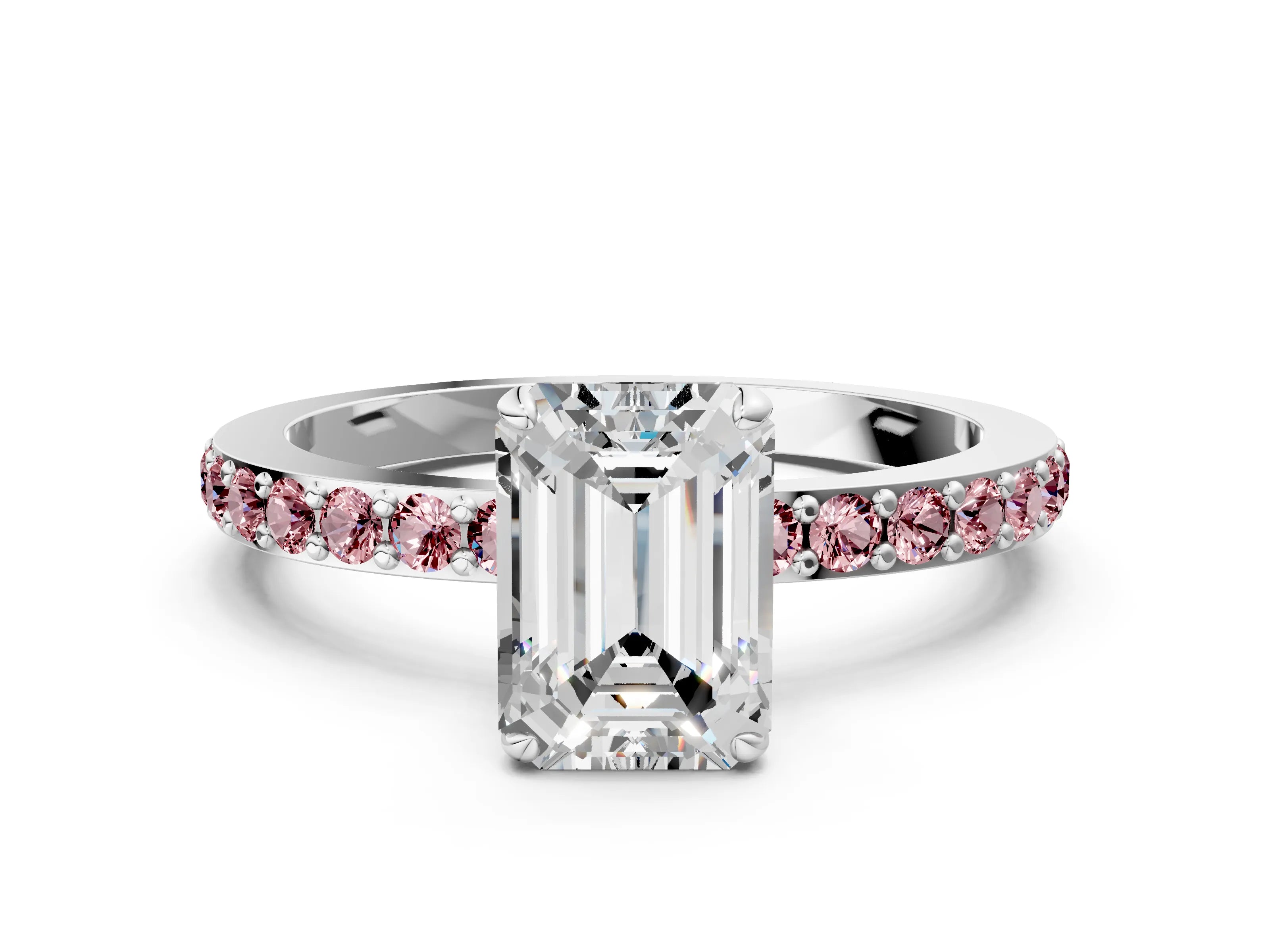 White gold Emerald Cut Diamond Pavé Engagement Ring with Round with Morganite side stone Accents and Prong Setting_12