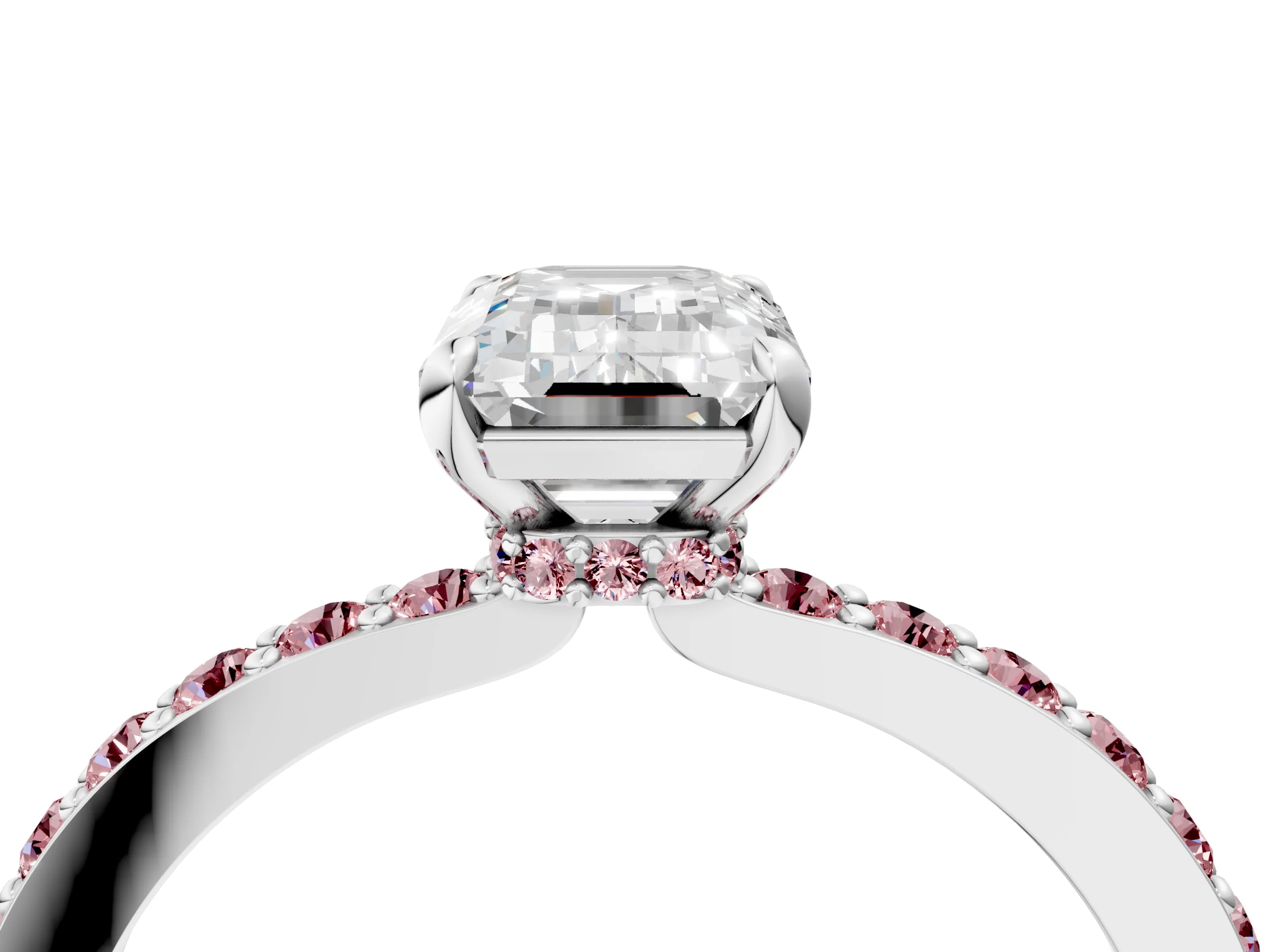 White gold Emerald Cut Diamond Pavé Engagement Ring with Round with Morganite side stone Accents and Prong Setting_16