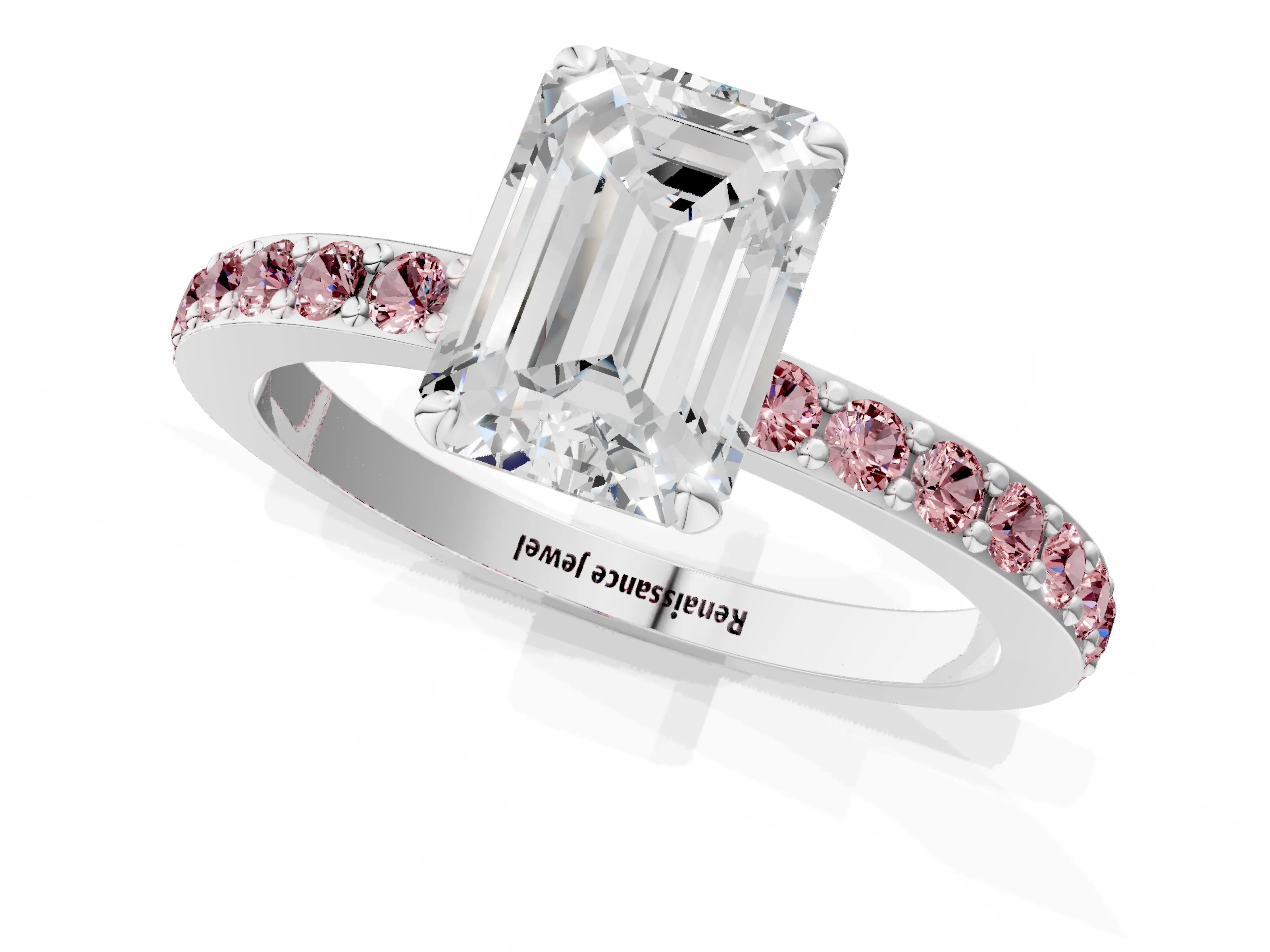White gold Emerald Cut Diamond Pavé Engagement Ring with Round with Morganite side stone Accents and Prong Setting_1