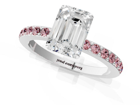 White gold Emerald Cut Diamond Pavé Engagement Ring with Round with Morganite side stone Accents and Prong Setting_1