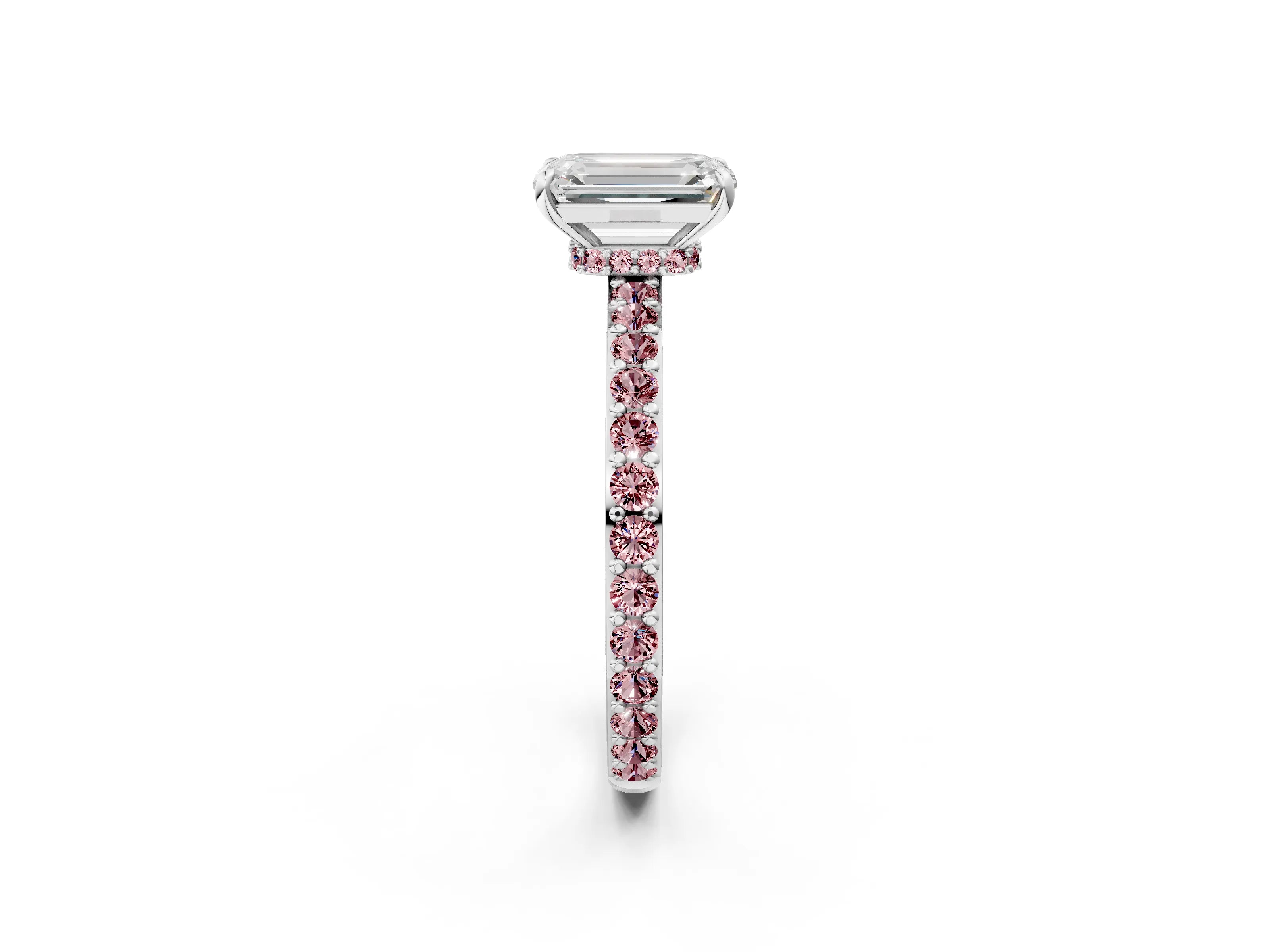 White gold Emerald Cut Diamond Pavé Engagement Ring with Round with Morganite side stone Accents and Prong Setting_2