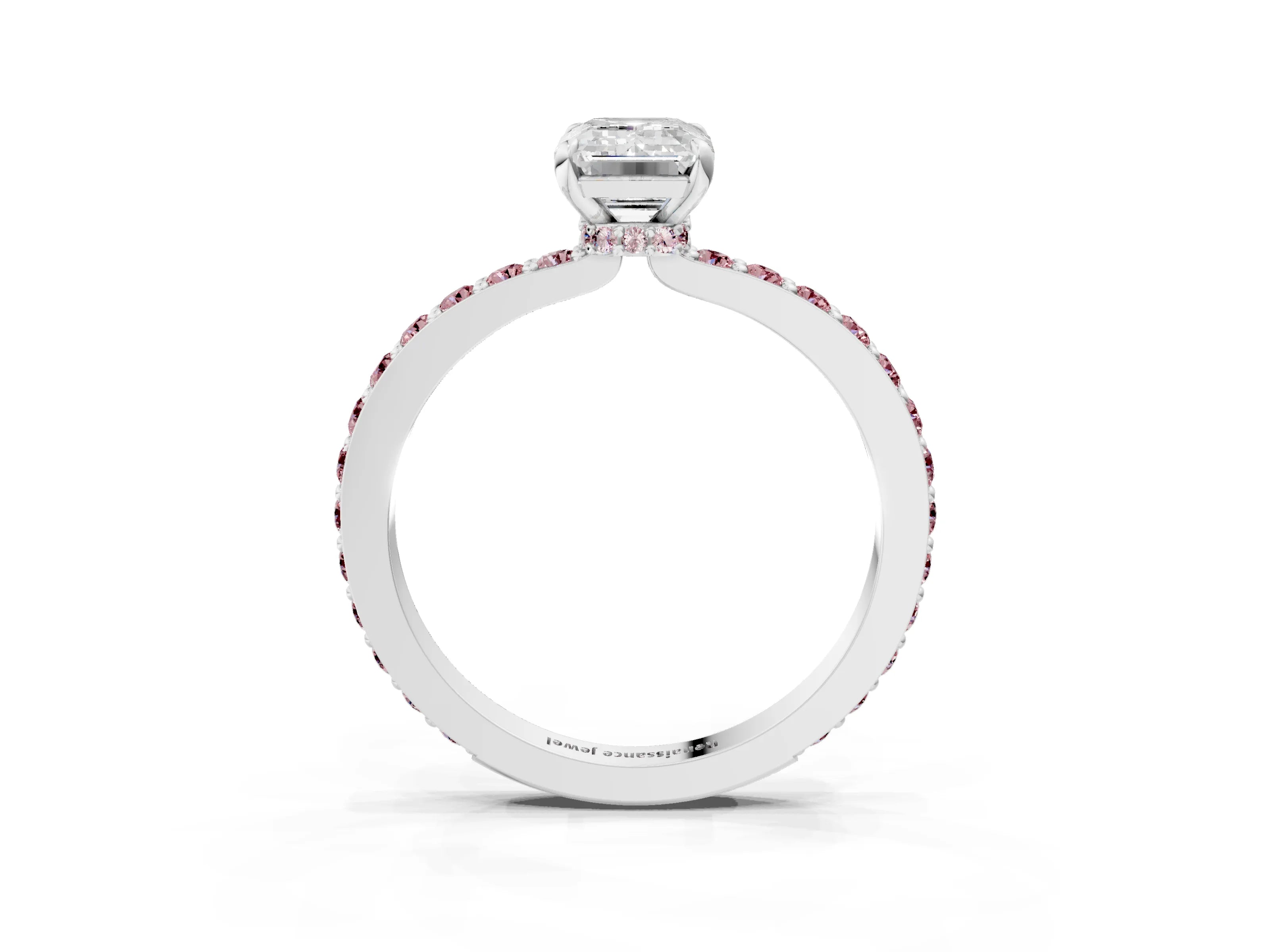 White gold Emerald Cut Diamond Pavé Engagement Ring with Round with Morganite side stone Accents and Prong Setting_3