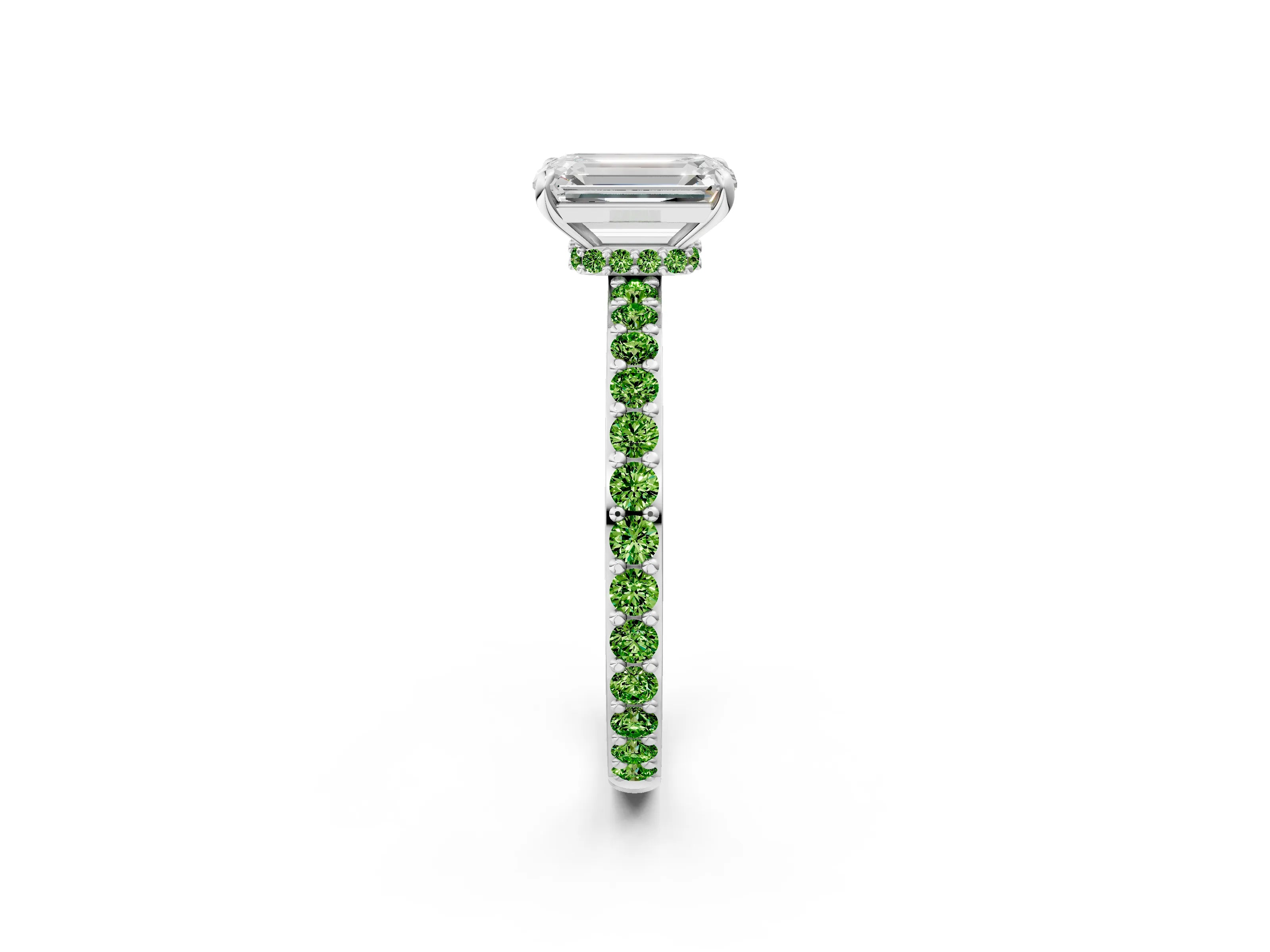 White gold Emerald Cut Diamond Pavé Engagement Ring with Round with Peridot side stone Accents and Prong Setting_14