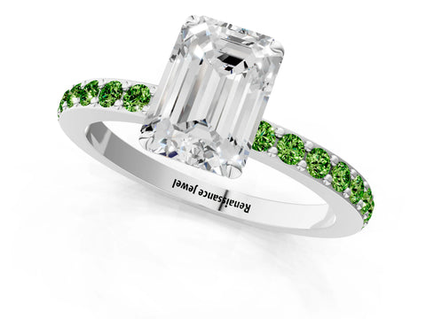 White gold Emerald Cut Diamond Pavé Engagement Ring with Round with Peridot side stone Accents and Prong Setting_1