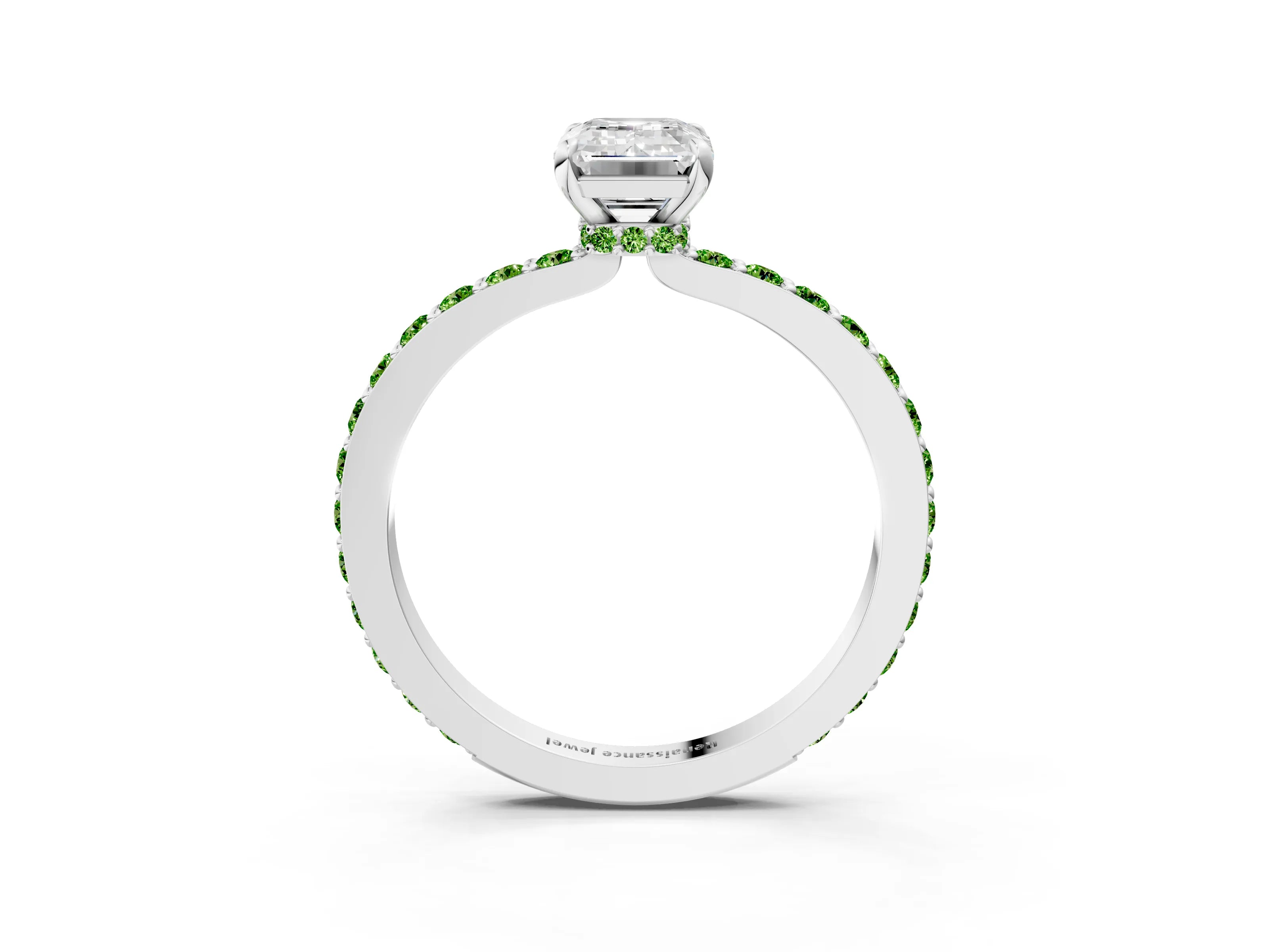 White gold Emerald Cut Diamond Pavé Engagement Ring with Round with Peridot side stone Accents and Prong Setting_3