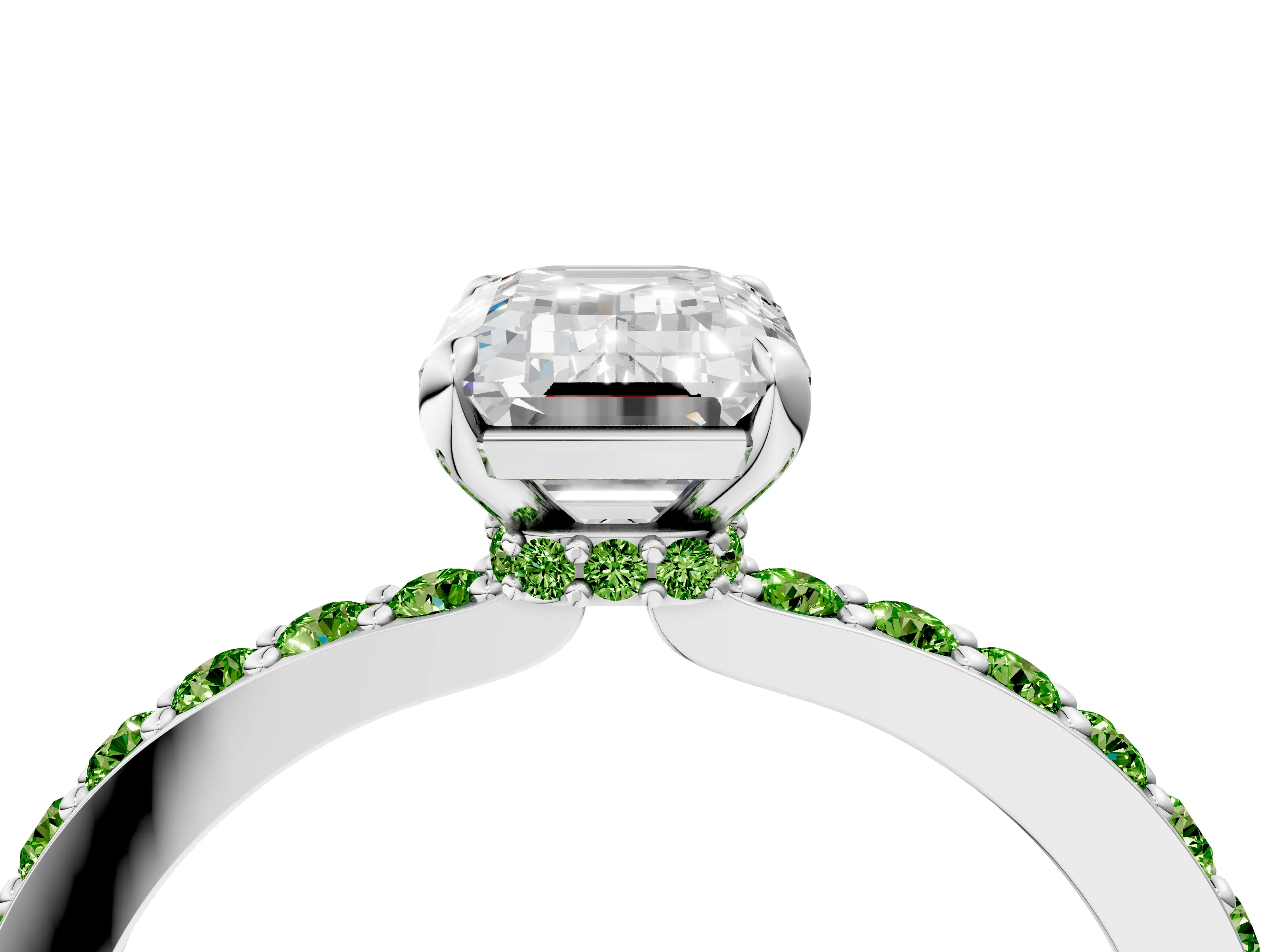 White gold Emerald Cut Diamond Pavé Engagement Ring with Round with Peridot side stone Accents and Prong Setting_4