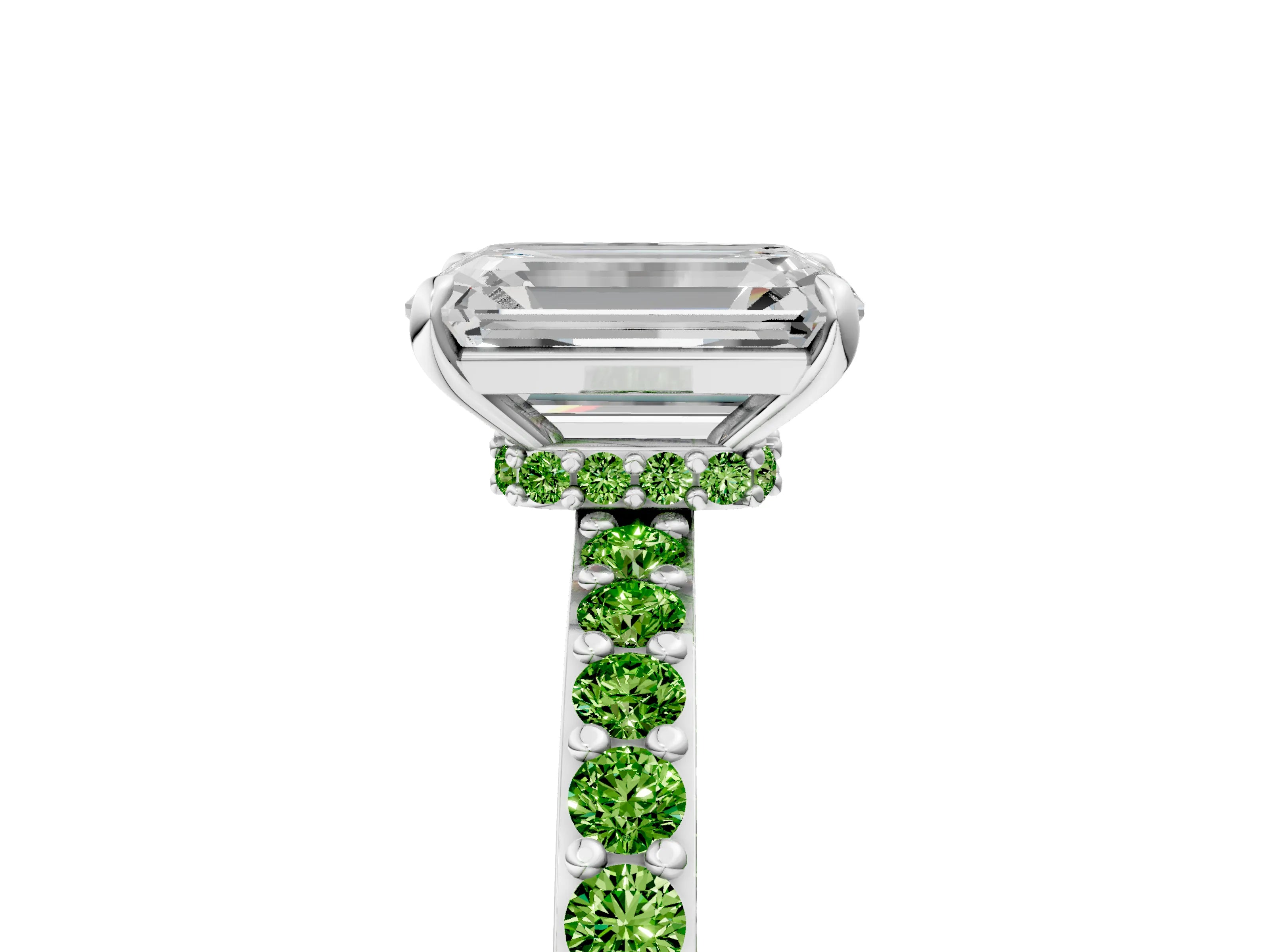 White gold Emerald Cut Diamond Pavé Engagement Ring with Round with Peridot side stone Accents and Prong Setting_5