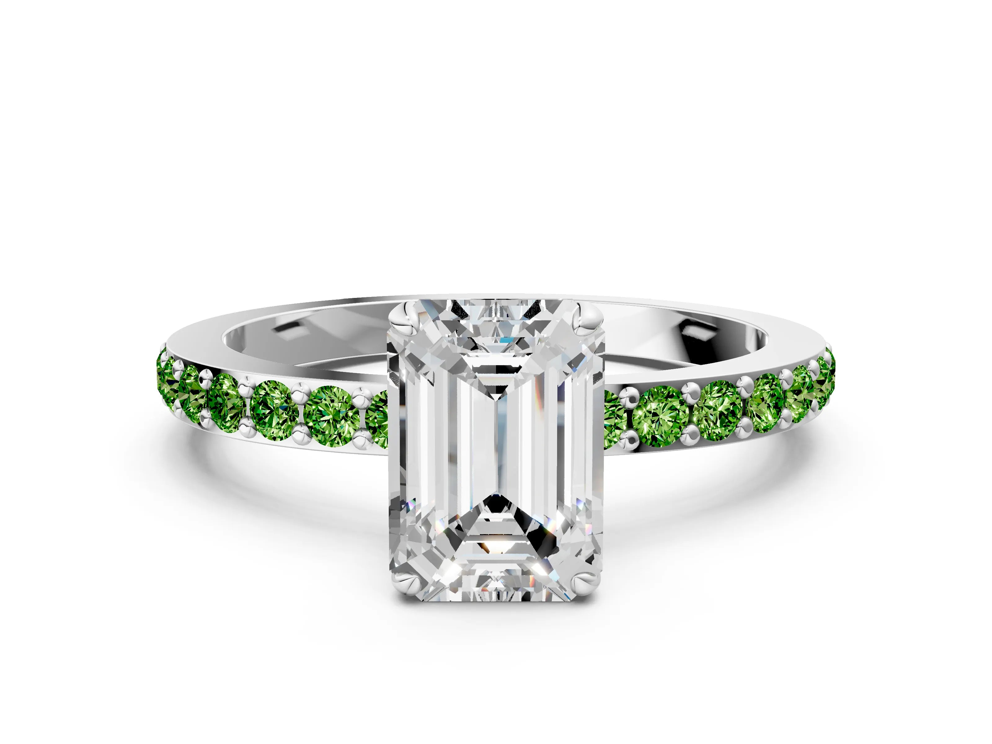 White gold Emerald Cut Diamond Pavé Engagement Ring with Round with Peridot side stone Accents and Prong Setting