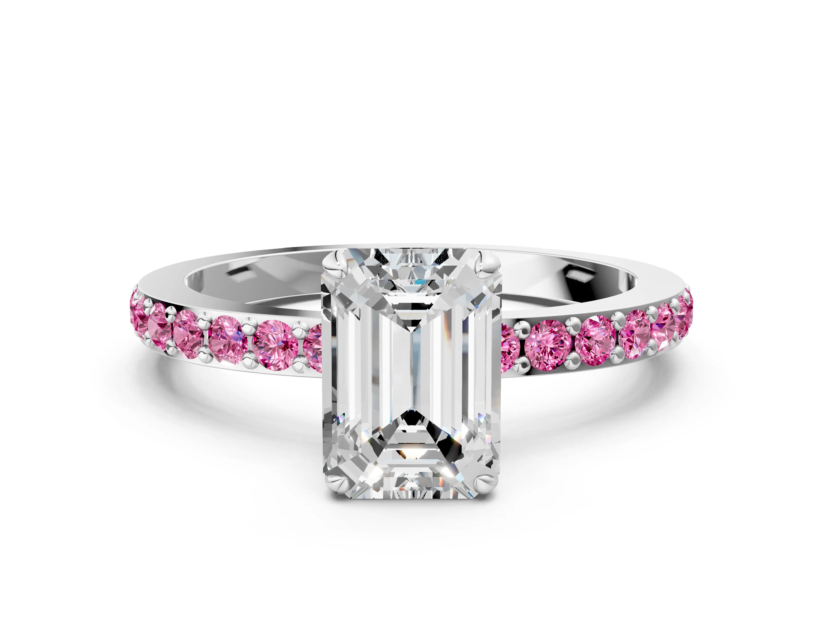 White gold Emerald Cut Diamond Pavé Engagement Ring with Round with Pink Sapphire side stone Accents and Prong Setting