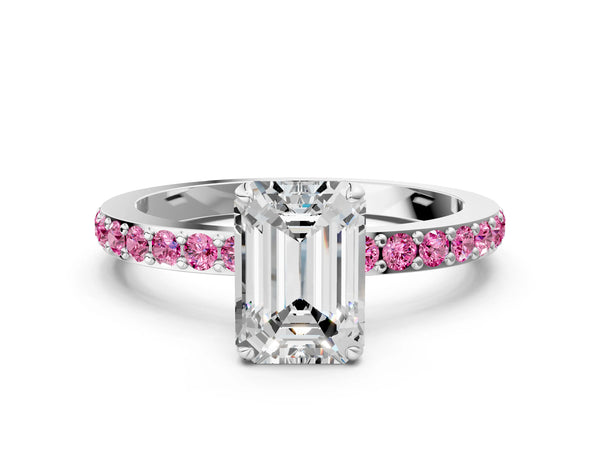 White Gold Emerald Cut Hidden Halo Engagement Ring Setting with Lab-Grown Pink Sapphire Pave Band