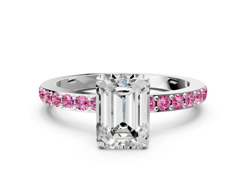 White gold Emerald Cut Diamond Pavé Engagement Ring with Round with Pink Sapphire side stone Accents and Prong Setting_12