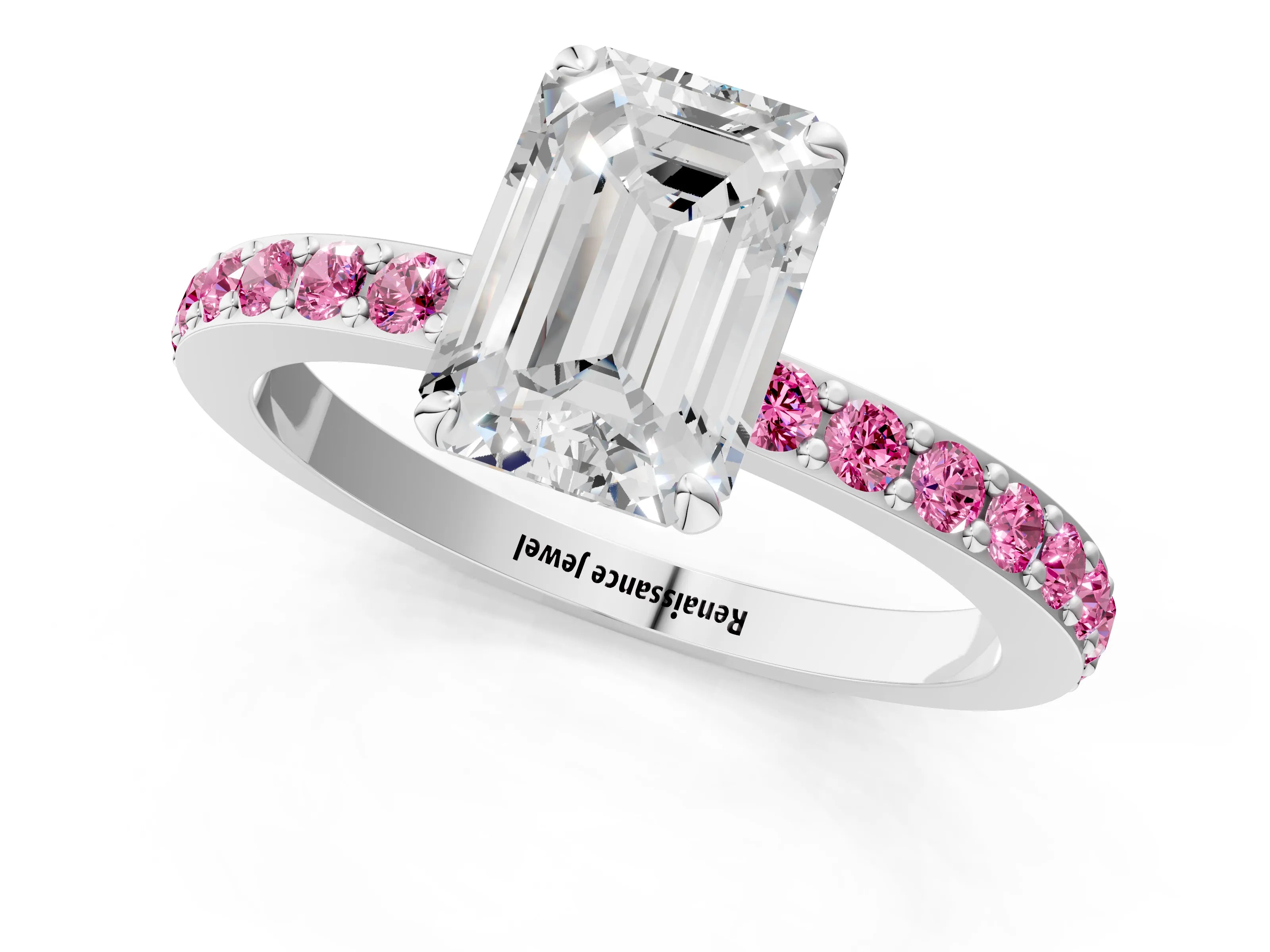 White gold Emerald Cut Diamond Pavé Engagement Ring with Round with Pink Sapphire side stone Accents and Prong Setting_13