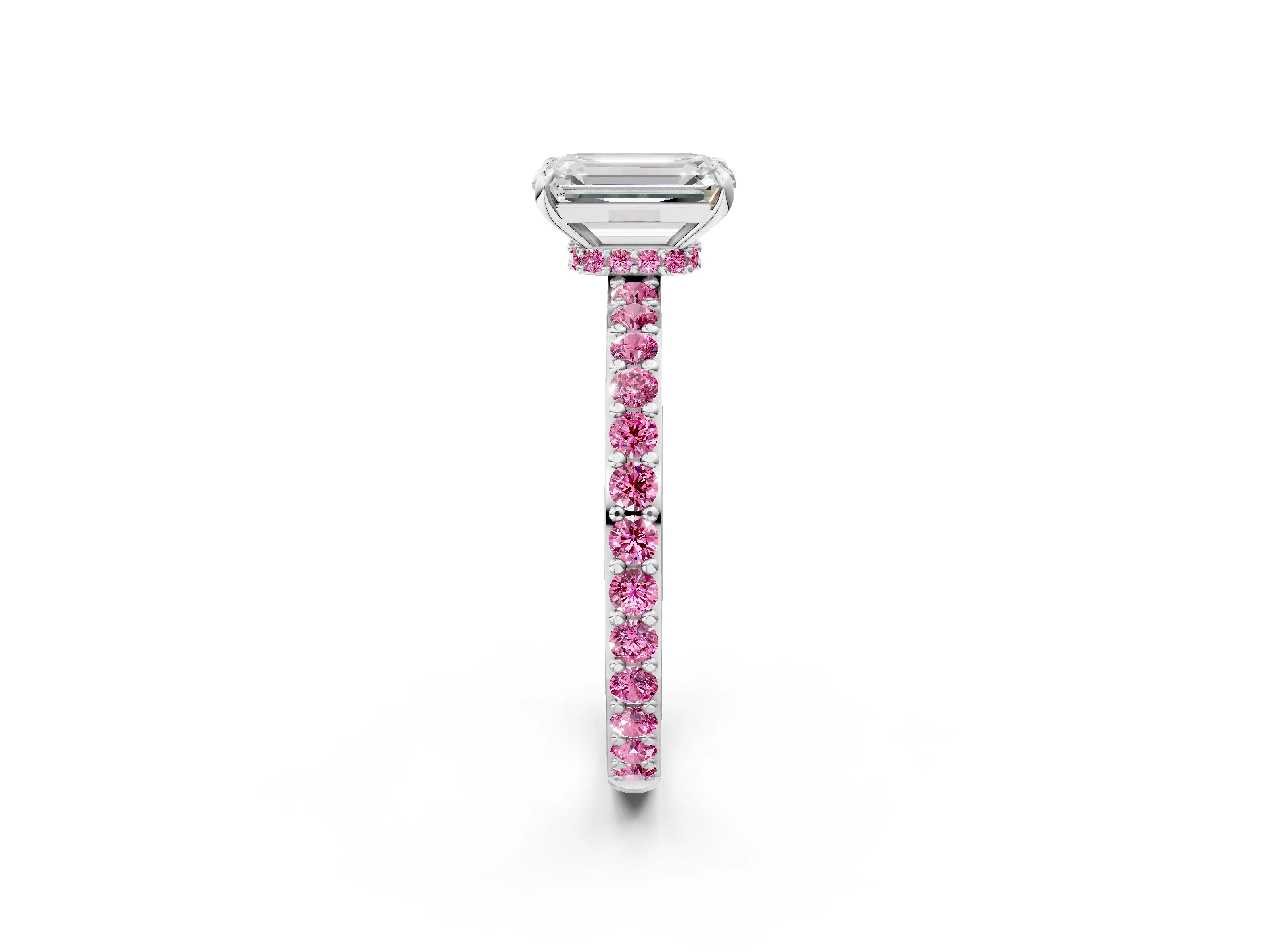 White gold Emerald Cut Diamond Pavé Engagement Ring with Round with Pink Sapphire side stone Accents and Prong Setting_14