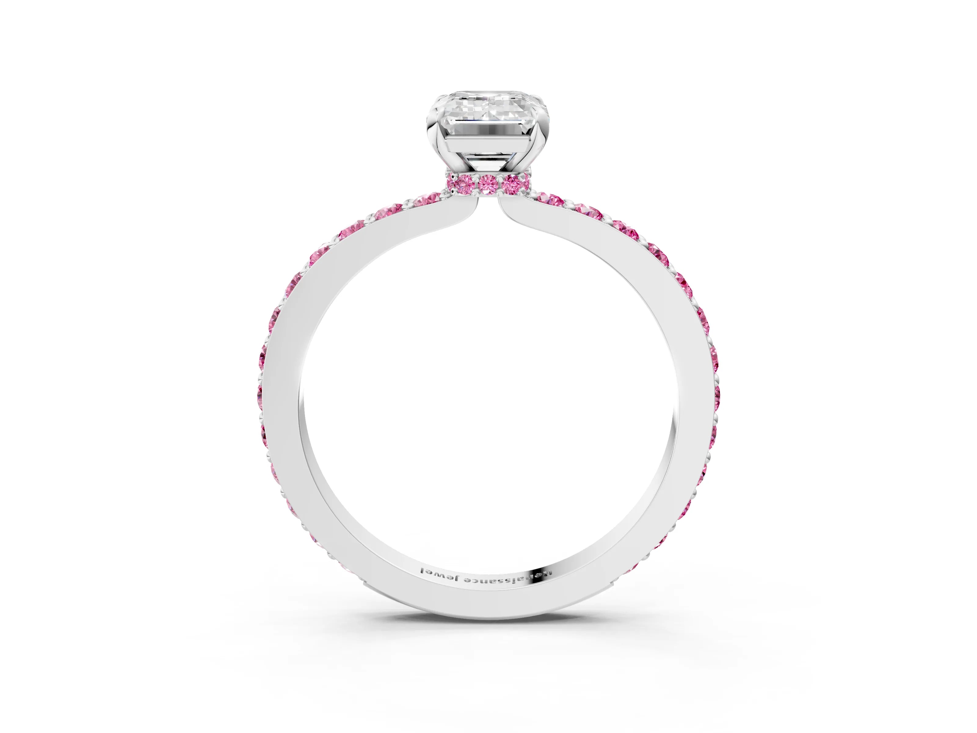 White gold Emerald Cut Diamond Pavé Engagement Ring with Round with Pink Sapphire side stone Accents and Prong Setting_15