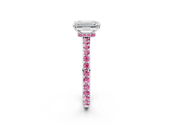 Platinum Emerald Cut Hidden Halo Engagement Ring Setting with Lab-Grown Pink Sapphire Pave Band