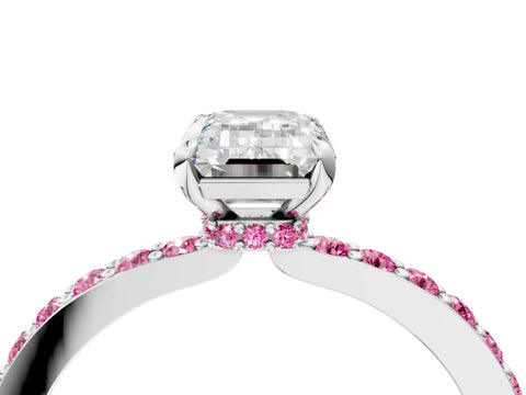 White gold Emerald Cut Diamond Pavé Engagement Ring with Round with Pink Sapphire side stone Accents and Prong Setting_4