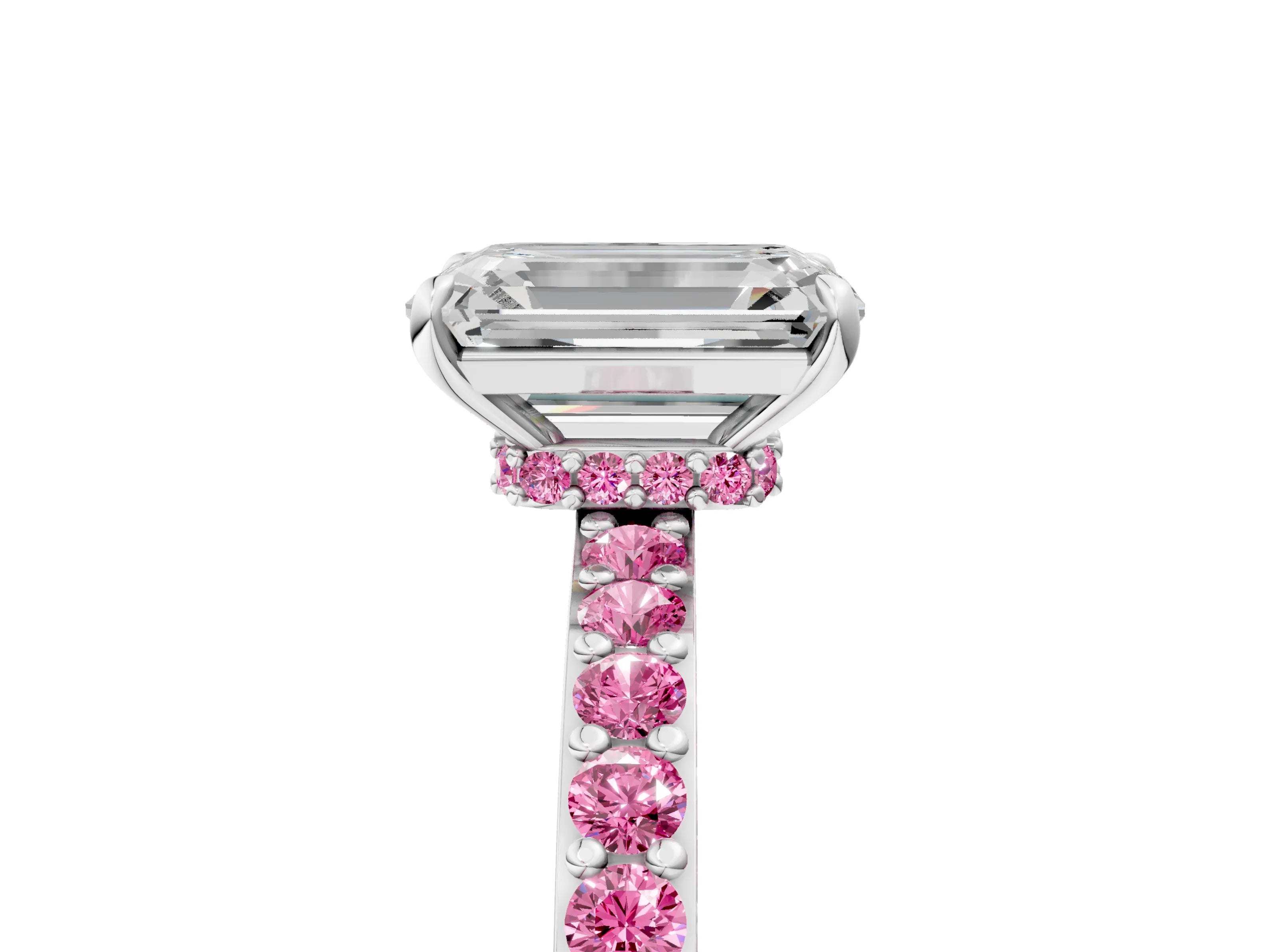 White gold Emerald Cut Diamond Pavé Engagement Ring with Round with Pink Sapphire side stone Accents and Prong Setting_5