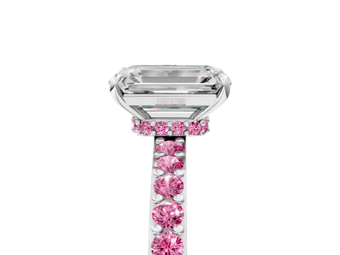 White gold Emerald Cut Diamond Pavé Engagement Ring with Round with Pink Sapphire side stone Accents and Prong Setting_5