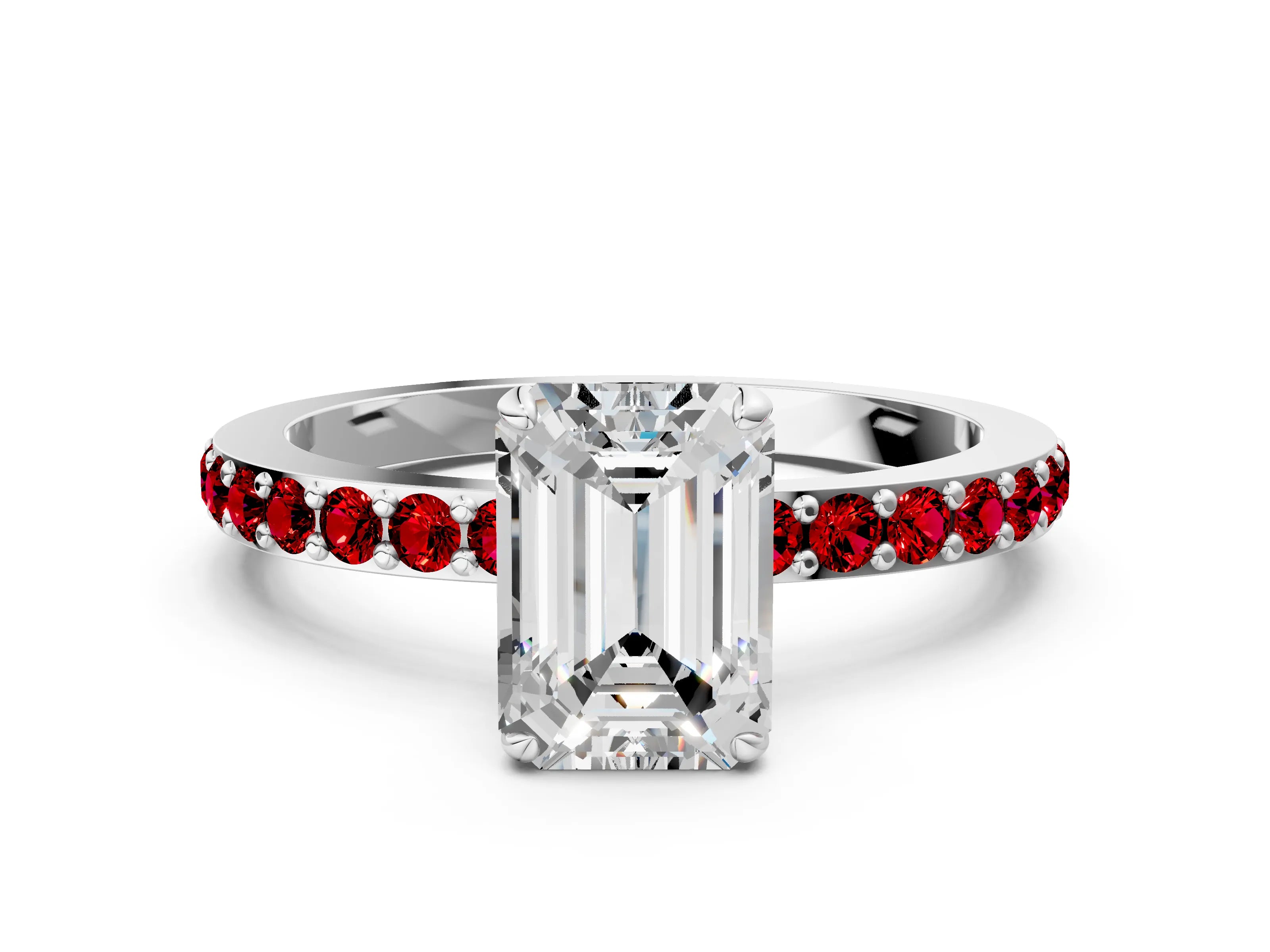 White gold Emerald Cut Diamond Pavé Engagement Ring with Round with Ruby side stone Accents and Prong Setting_12