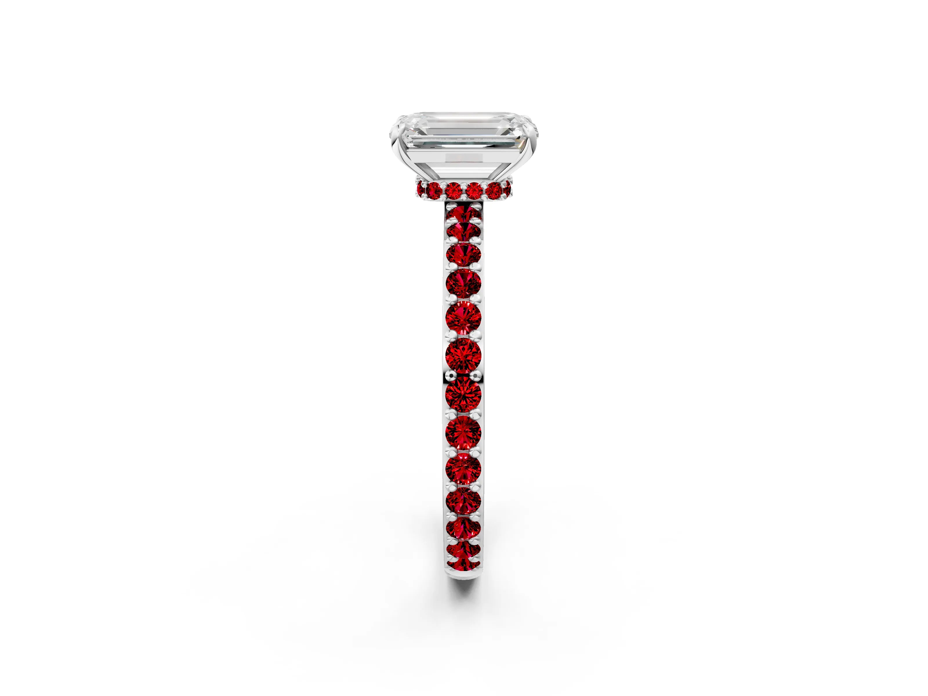 White gold Emerald Cut Diamond Pavé Engagement Ring with Round with Ruby side stone Accents and Prong Setting_14