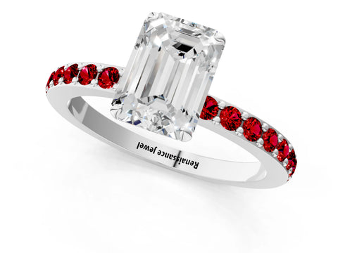 White gold Emerald Cut Diamond Pavé Engagement Ring with Round with Ruby side stone Accents and Prong Setting_1
