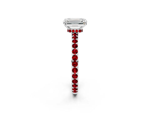 White gold Emerald Cut Diamond Pavé Engagement Ring with Round with Ruby side stone Accents and Prong Setting_2