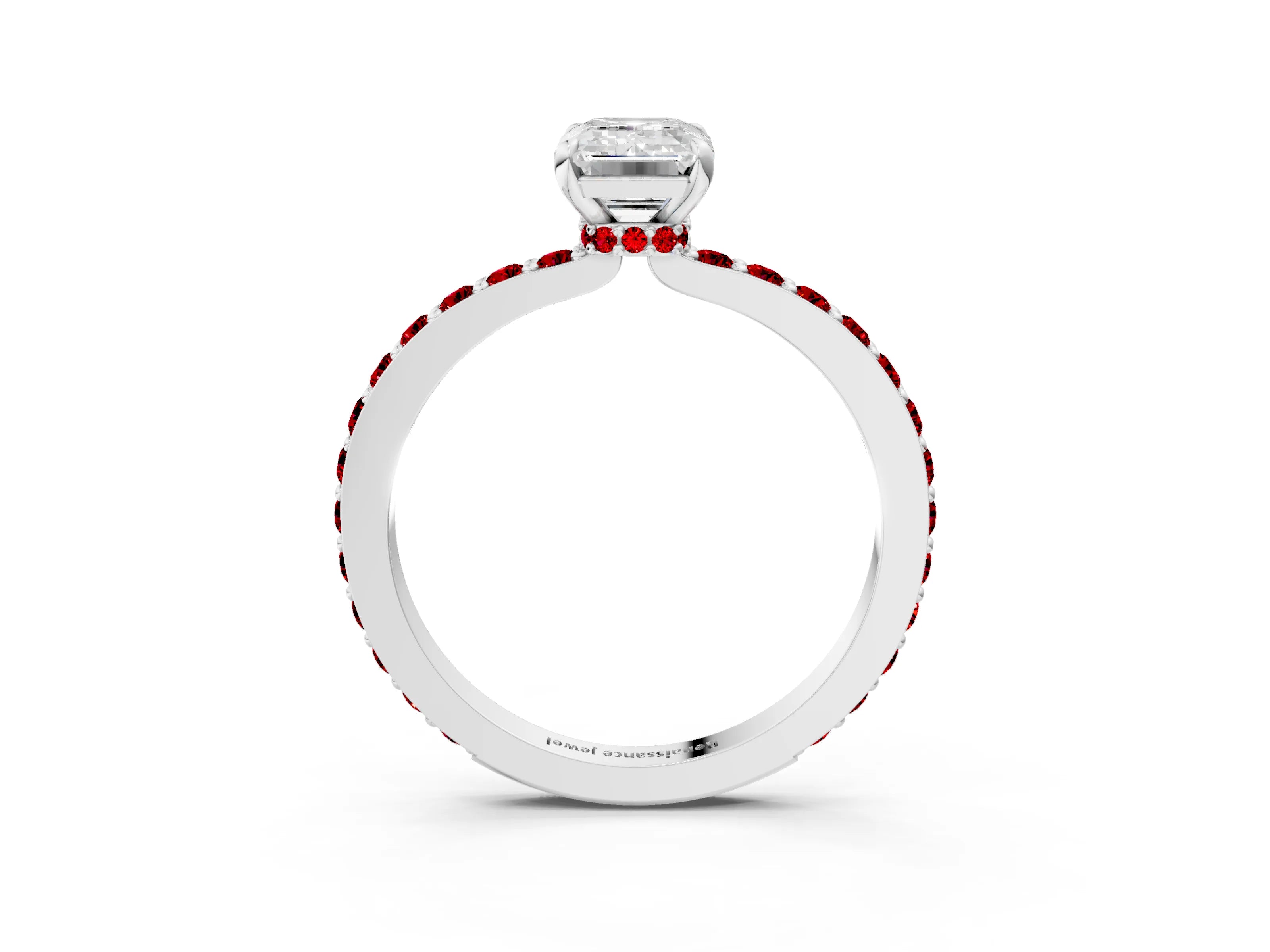 White gold Emerald Cut Diamond Pavé Engagement Ring with Round with Ruby side stone Accents and Prong Setting_3