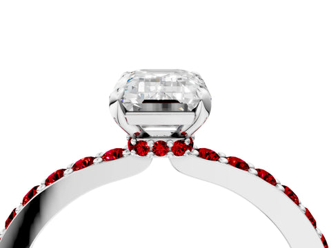 White gold Emerald Cut Diamond Pavé Engagement Ring with Round with Ruby side stone Accents and Prong Setting_4