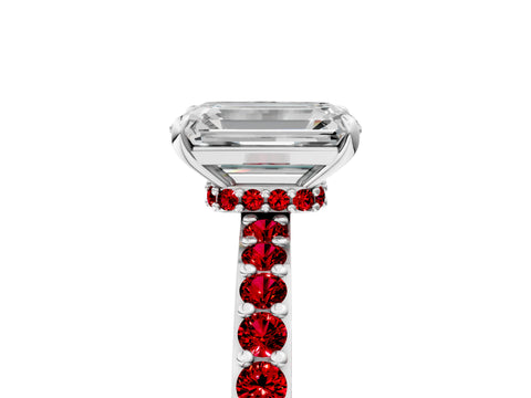 White gold Emerald Cut Diamond Pavé Engagement Ring with Round with Ruby side stone Accents and Prong Setting_5