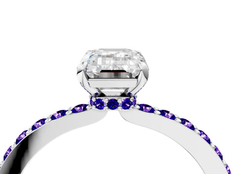 White gold Emerald Cut Diamond Pavé Engagement Ring with Round with Tanzanite side stone Accents and Prong Setting_10