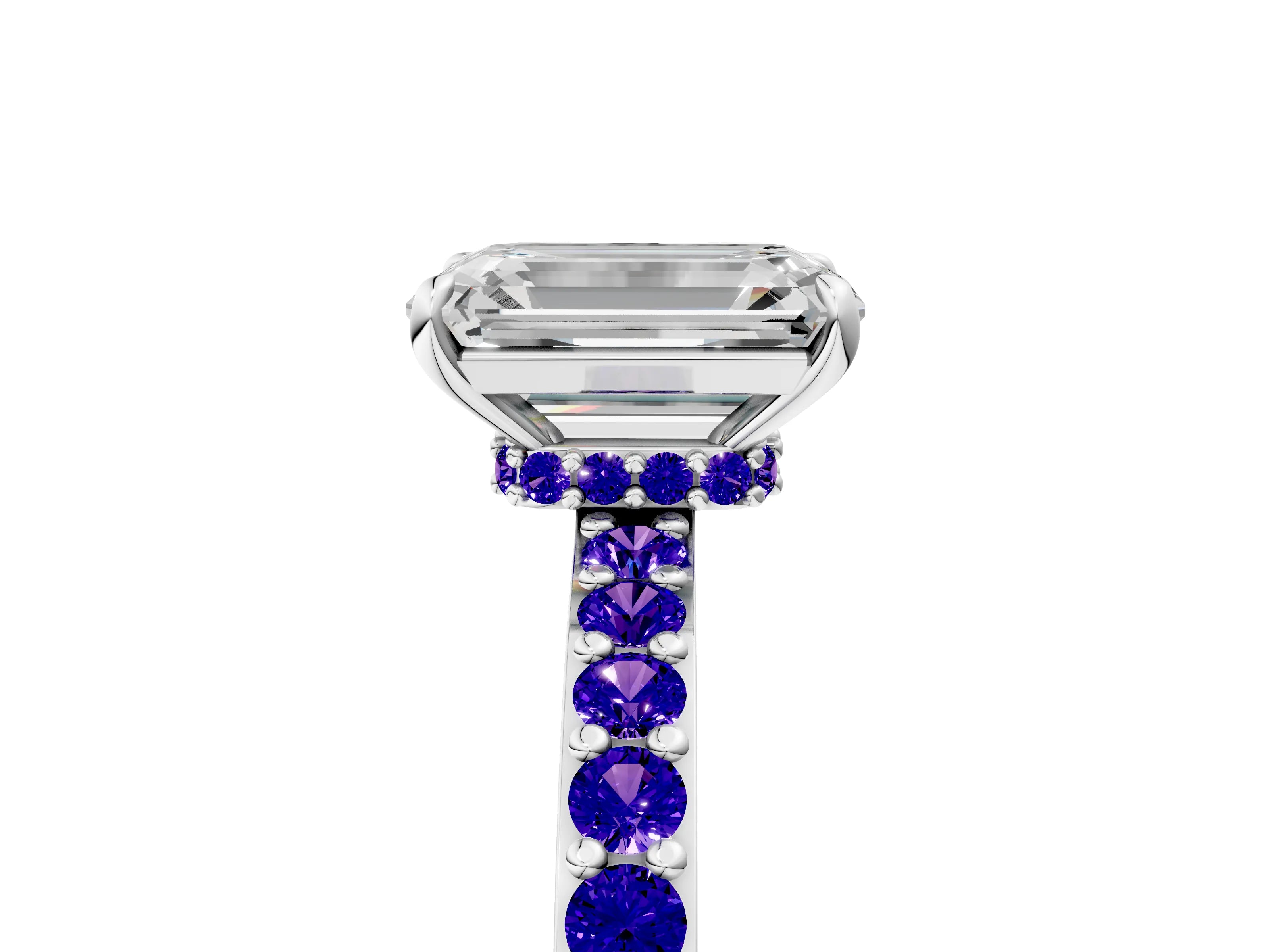 White gold Emerald Cut Diamond Pavé Engagement Ring with Round with Tanzanite side stone Accents and Prong Setting_11