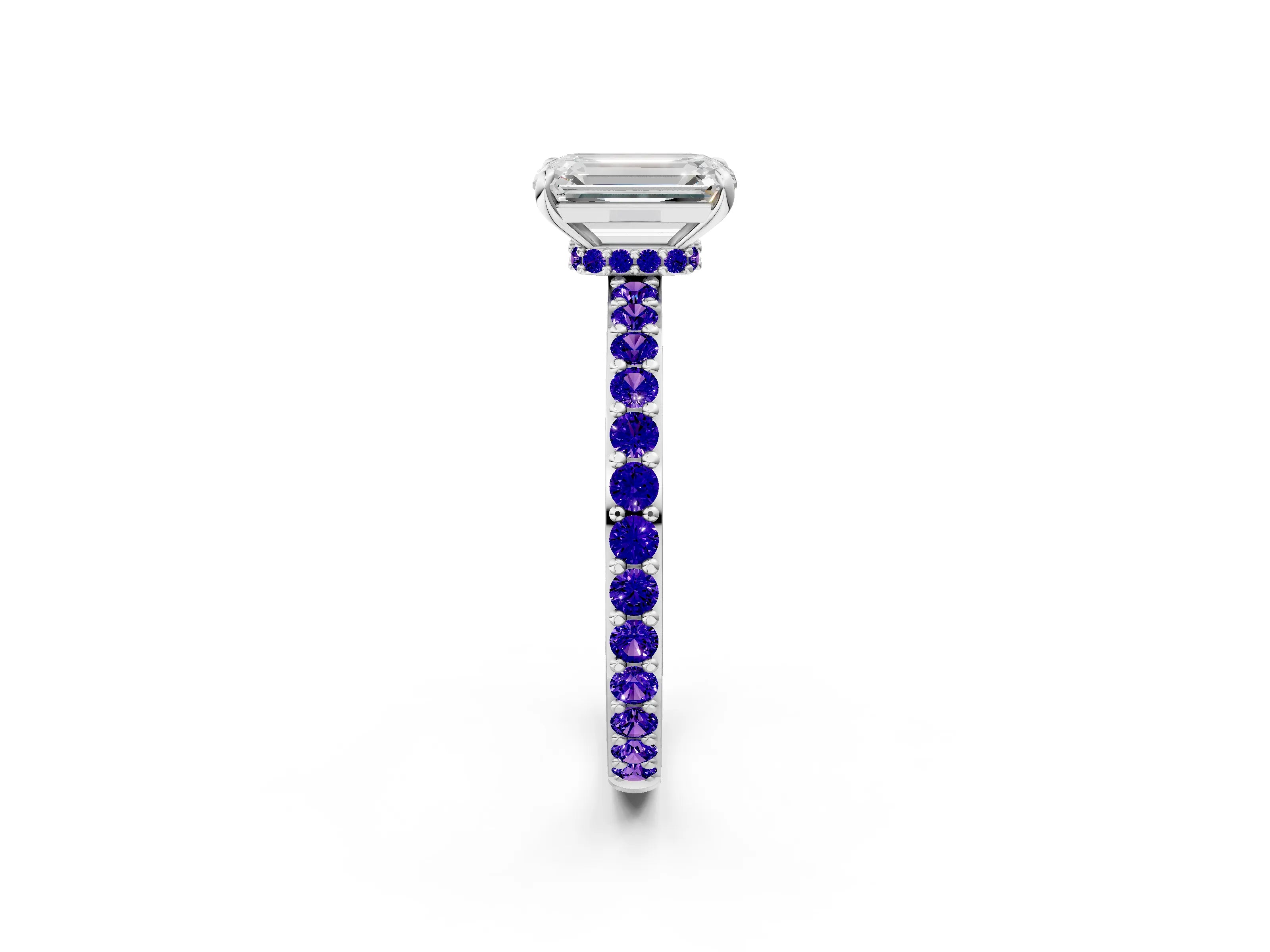 White gold Emerald Cut Diamond Pavé Engagement Ring with Round with Tanzanite side stone Accents and Prong Setting_14