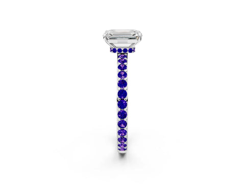 White gold Emerald Cut Diamond Pavé Engagement Ring with Round with Tanzanite side stone Accents and Prong Setting_14