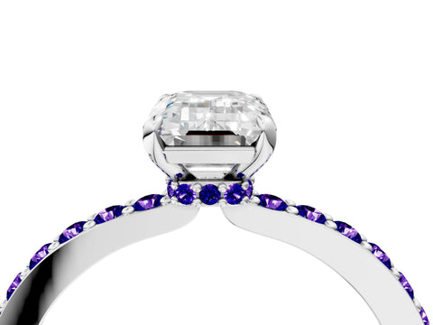 White gold Emerald Cut Diamond Pavé Engagement Ring with Round with Tanzanite side stone Accents and Prong Setting_16