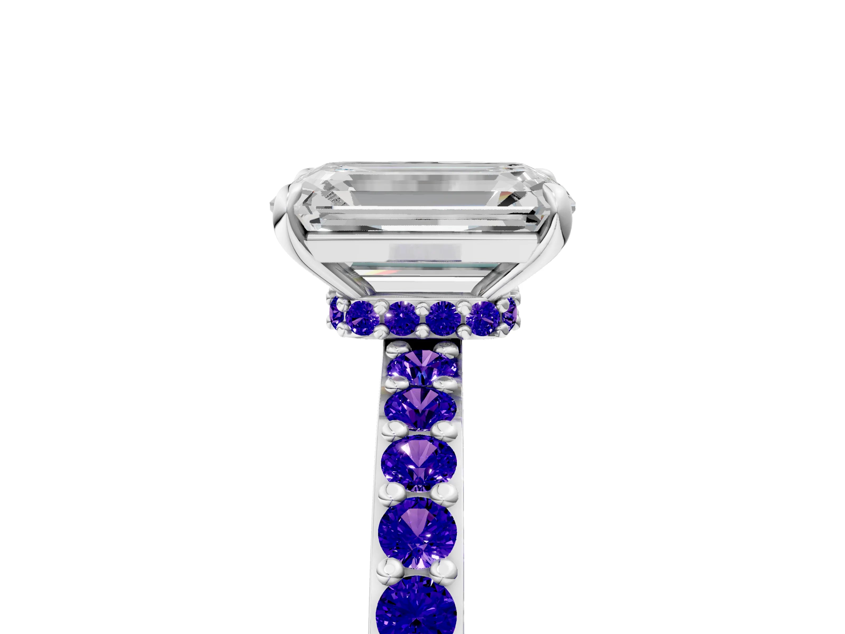 White gold Emerald Cut Diamond Pavé Engagement Ring with Round with Tanzanite side stone Accents and Prong Setting_17